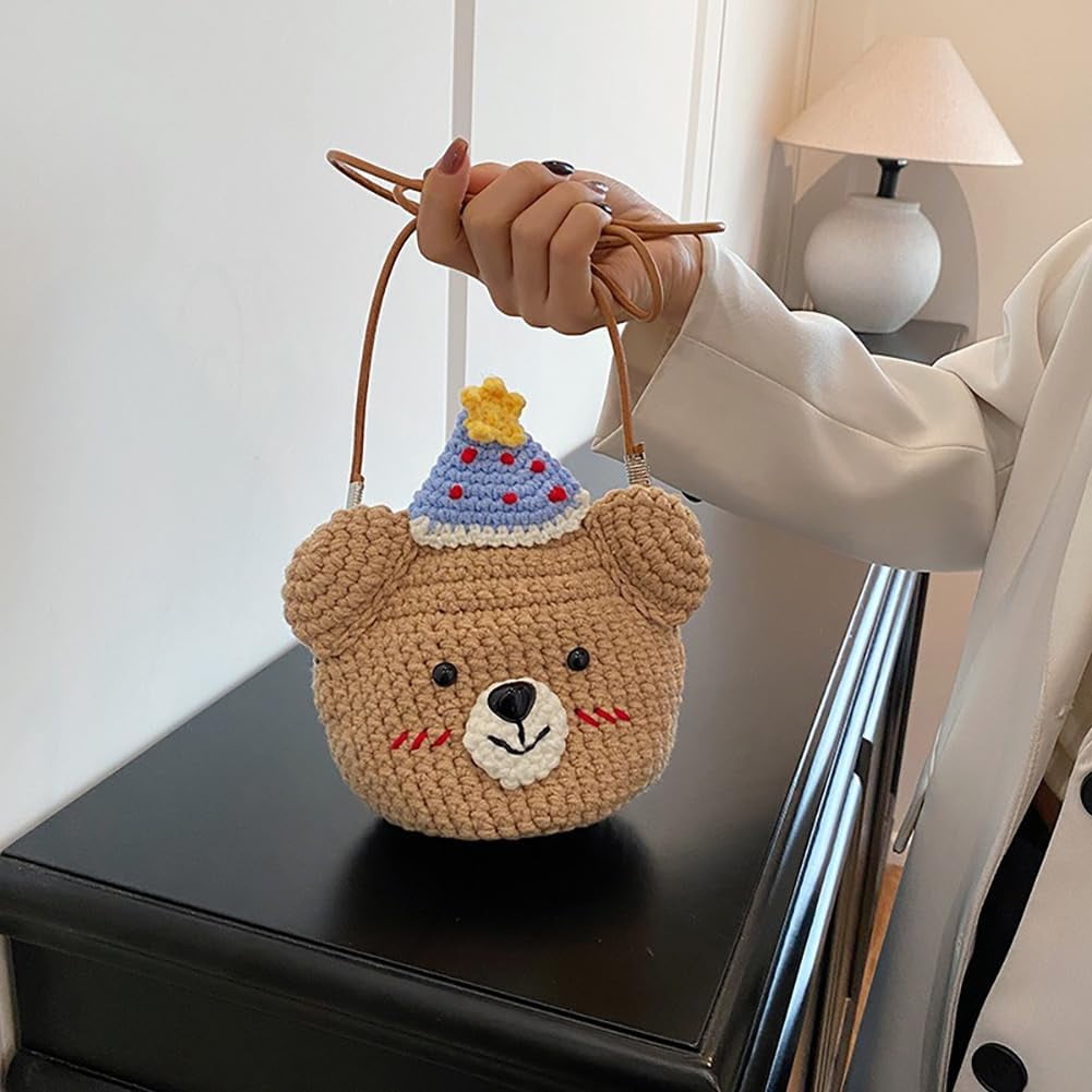Baguery Handmade Crochet Party Hat Bear Crossbody Bag - Cute Knitted Animal Purse with Metal Frame, Mini Shoulder Bag for Women