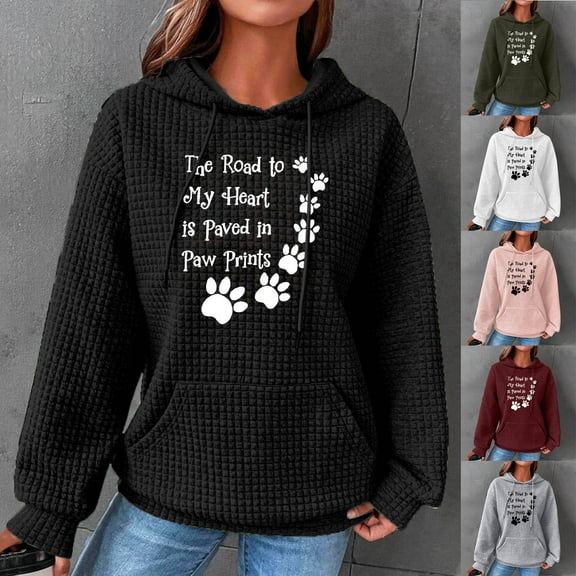 DDAPJ pyju Dog Mom Hoodies for Women Cute Dog Paw Print Hooded Sweatshirt Funny Letter Graphic Hoodie Waffle Knit Drawstring Pullover Tops 2025 Gifts Ideas Pink S
