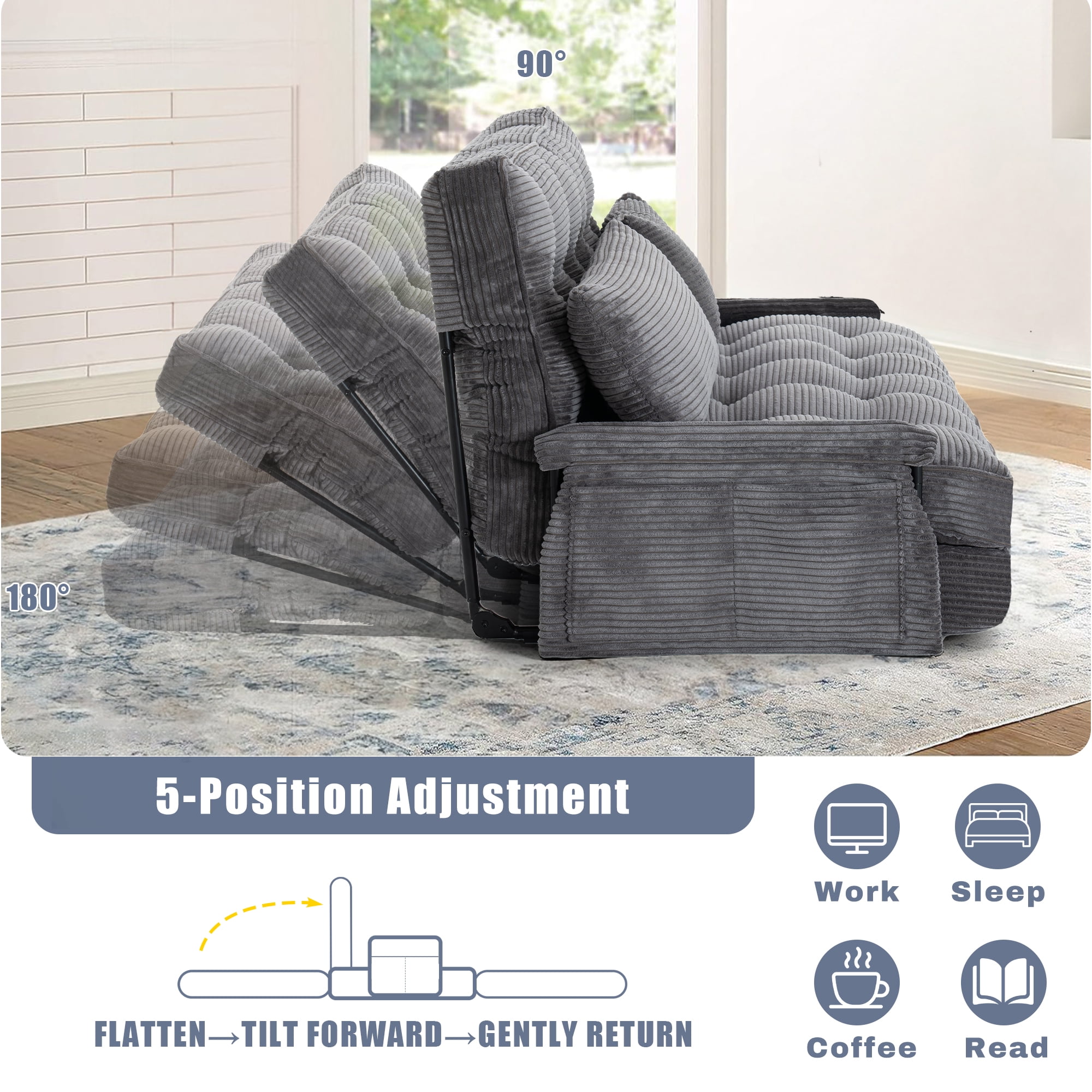 Convertible 5-Position Foldable Lazy Sofa Sleeper Bed with Armrest,Adjustable Floor Sofa Couch with 2 Pillows,Fold Out Floor Couch,Dark Grey