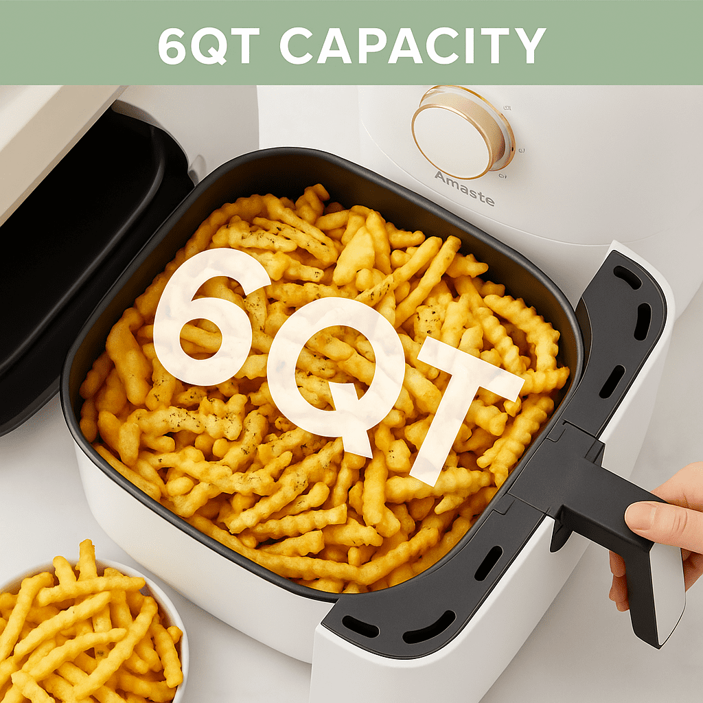 360° Hot Air Circulation Air Fryer, 60-Min Timer, Non-Stick, Auto Shut-Off, Overheat Protection, Cord Storage & Power Memory