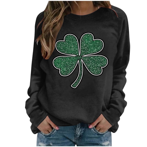 St Patricks Day Outfits for Women Four Leaf Clover Shirt Long Sleeve Crew Neck Tops Shamrock Graphic Sweatshirt St Patrick's Day Shirt