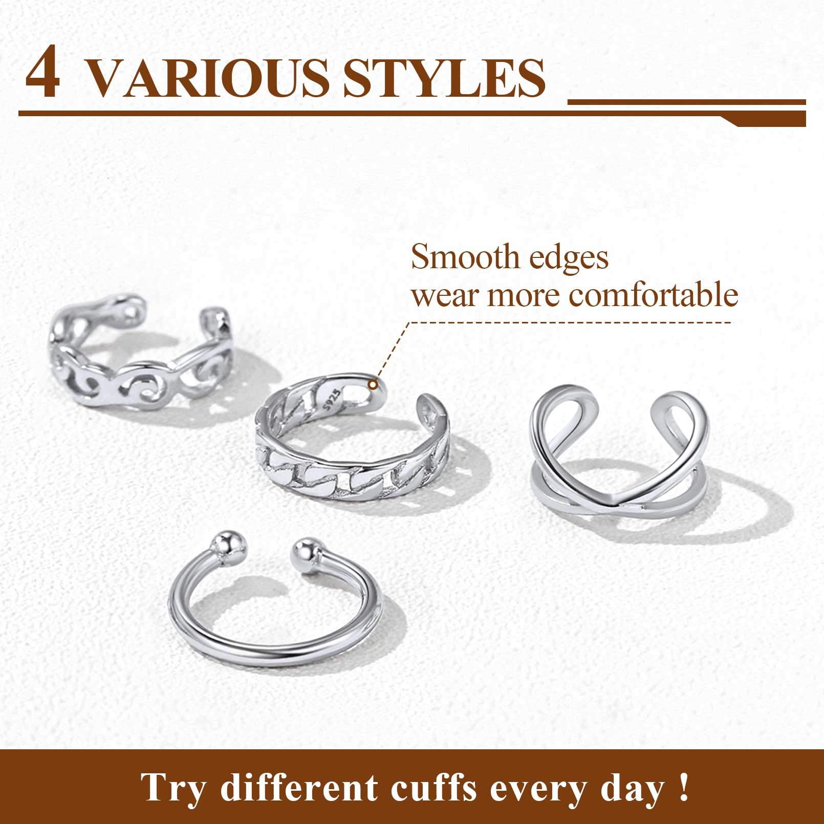 ChicSilver 4 Pcs Ear Cuff for Women Sterling Silver Earrings No Piercing Cartilage Earring Clip On Cartilage Earrings for (Silver)