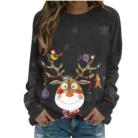 miqiqism Christmas Sweatshirts for Women Comfy Long Sleeves Crew Neck Blouses Juniors Casual Cute Graphic Printed Sweatshirt Trendy Lightweight Tunic Shirts,B#01_Black,Large