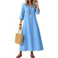 thumbnail image 2 of UoCefik Cotton/Linen Dresses for Women 2025 Modest Flowy 3/4 Sleeve Maxi Dress Trendy Fall V Neck Dresses Boho Casual Beach Vacation Sundress Blue XL, 2 of 5