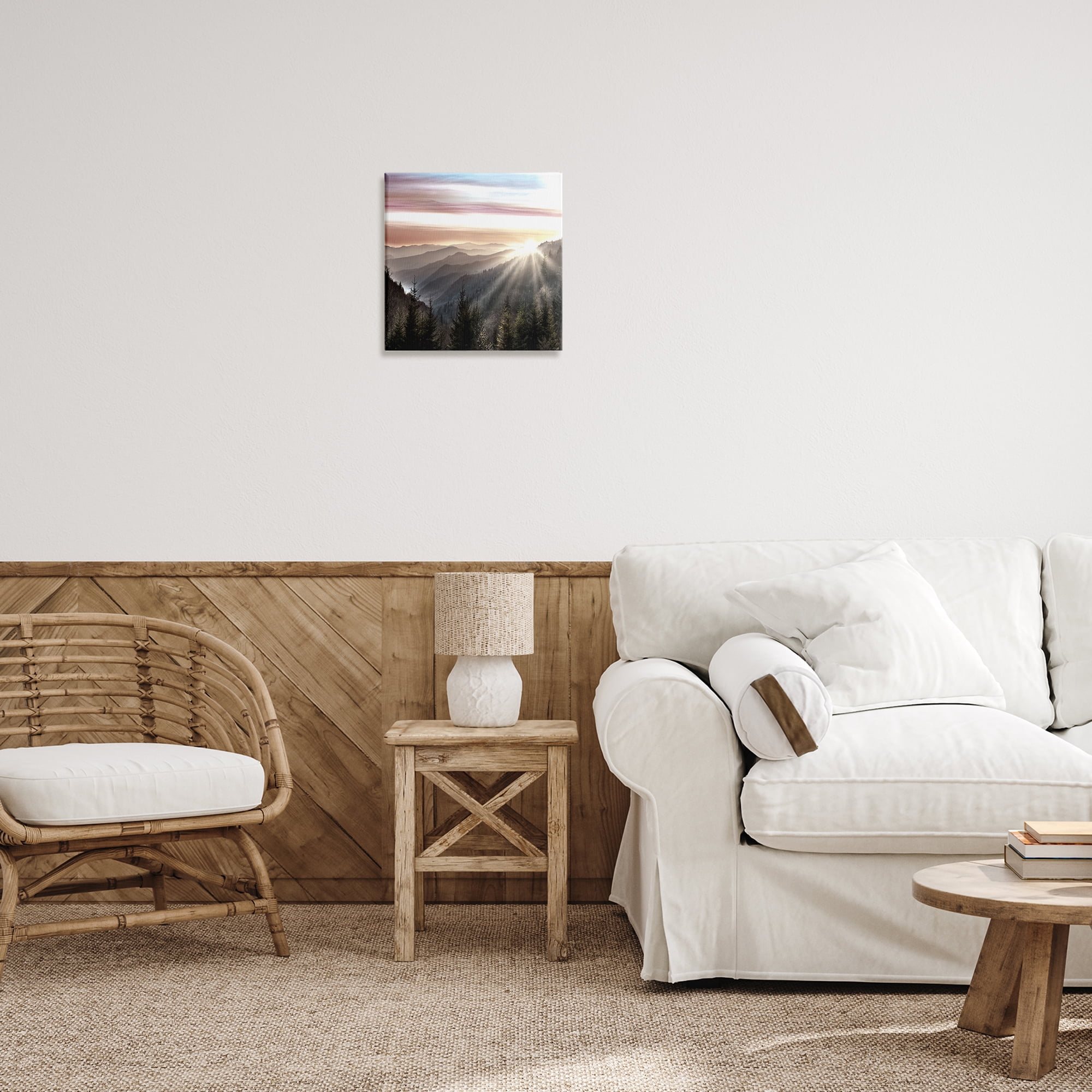 Stupell Industries Sun Rays Through Peaks Landscape & Nature Painting Wrapped Canvas Art Print Wall Art, 17 x 17