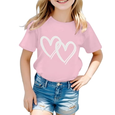 PMVFHDE Liquidation Hauts de Sortie Filles Mignon Graphique Col Rond Manches Courtes T-Shirt d'Été Décontracté, Rose, 5-6 Ans