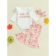 thumbnail image 2 of Suealasg Baby Girl Halloween Clothes 3 6 12 18 Months Infant Girl Long Sleeve Letter Print Romper +Flower Pumpkin Print Flared Pants +Headband 3Pcs Casual Halloween Outfits for Newborn Girl, 2 of 8