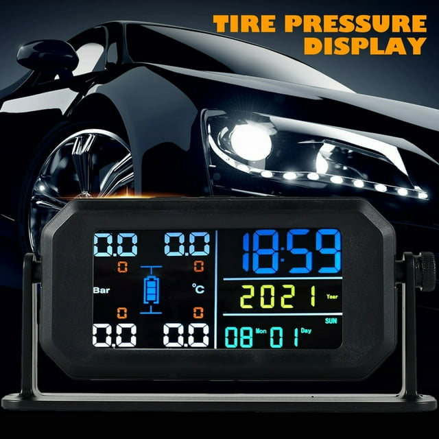 MesaSe Tire Pressure Monitoring System Solar & USB Powered Tire Pressure Monitor with LCD Screen/4 Sensors/Multiple Alarm Modes IPX7 Waterproof Real-Time Tire Pressure Sensor for RV Trail