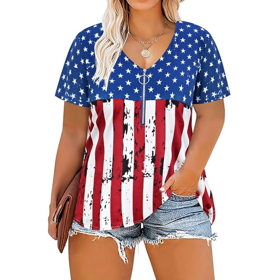 CASSIE LIZ Womens Tops Plus Size Summer Shirts Flag V Neck Fashion Short Sleeve Tee Loose Fit Tunics Spring Blouses Casual Pullover XL 14W 16W