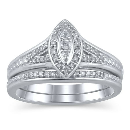 1/6 Carat T.W. JK-I2I3 diamond marquise Bridal Set in sterling silver, Size 9