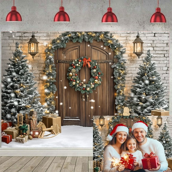 Winter Christmas Backdrop, Christmas Rustic Barn Door Photo Backdrop Background Decor, Xmas Tree Snow Present Kids Family Supplies Holiday Banner Party Decoration Photo Studio Props,7X5ft