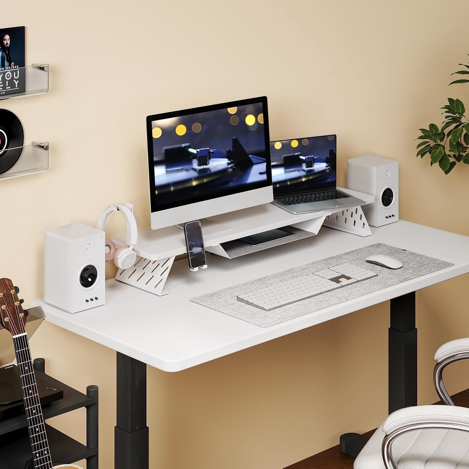 Dual Monitor Stand 42.5 Inch Wood Desk Shelf with Headphone & Phone Holder for Office Organization
