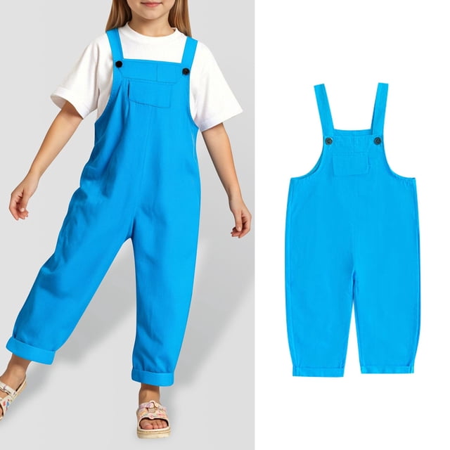 WENXIAOO Teen Girls Jumpsuits Rompers Comfortable Light Blue Bib Pants with Pockets Spring Summer Romper Girls Clothes Size 13-14 Years