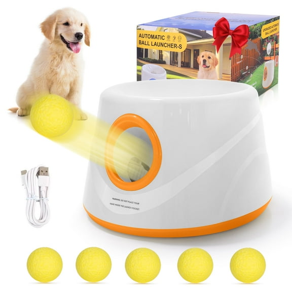 Eurhowing Automatic Ball Launcher for Dogs, Interactive Fetch Machine with 3-Level Distance(20-46ft) & 5 Balls, Dog Ball Thrower for Indoor & Outdoor Play, Orange