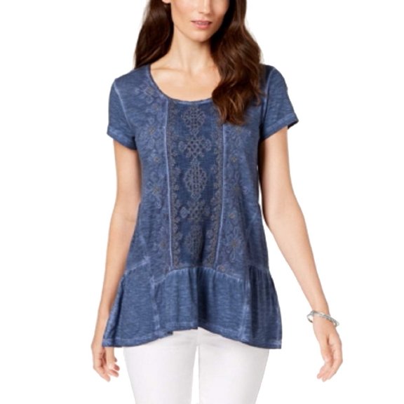 Style Co Embellished Scoop-Neck Top New Uniform Blue XL