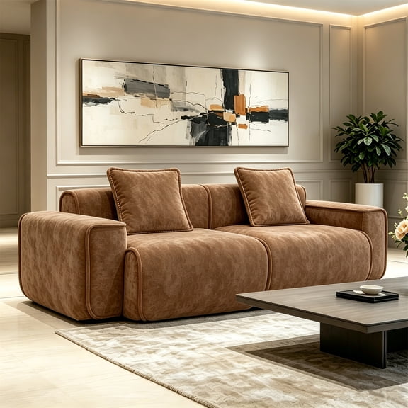 Aukfa 79" Boneless Couch Deep Seat Loveseat Cloud Sofa for Living Room Bedroom, 2 Pillows, Velvet, Brown
