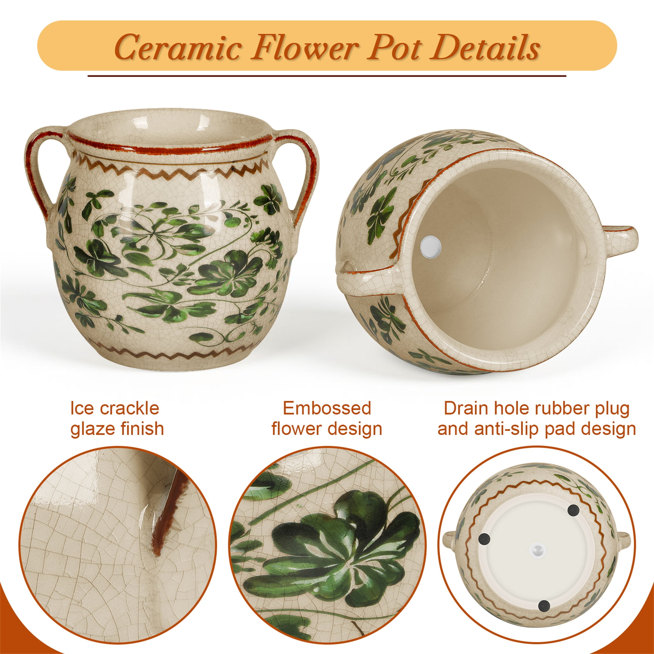 BUYMAX Sage Green Ceramic Plant Pot, Vintage Two-Handle Flower Pot with Drainage Hole for Herbs & Succulents, Indoor Outdoor Farmhouse Decor
