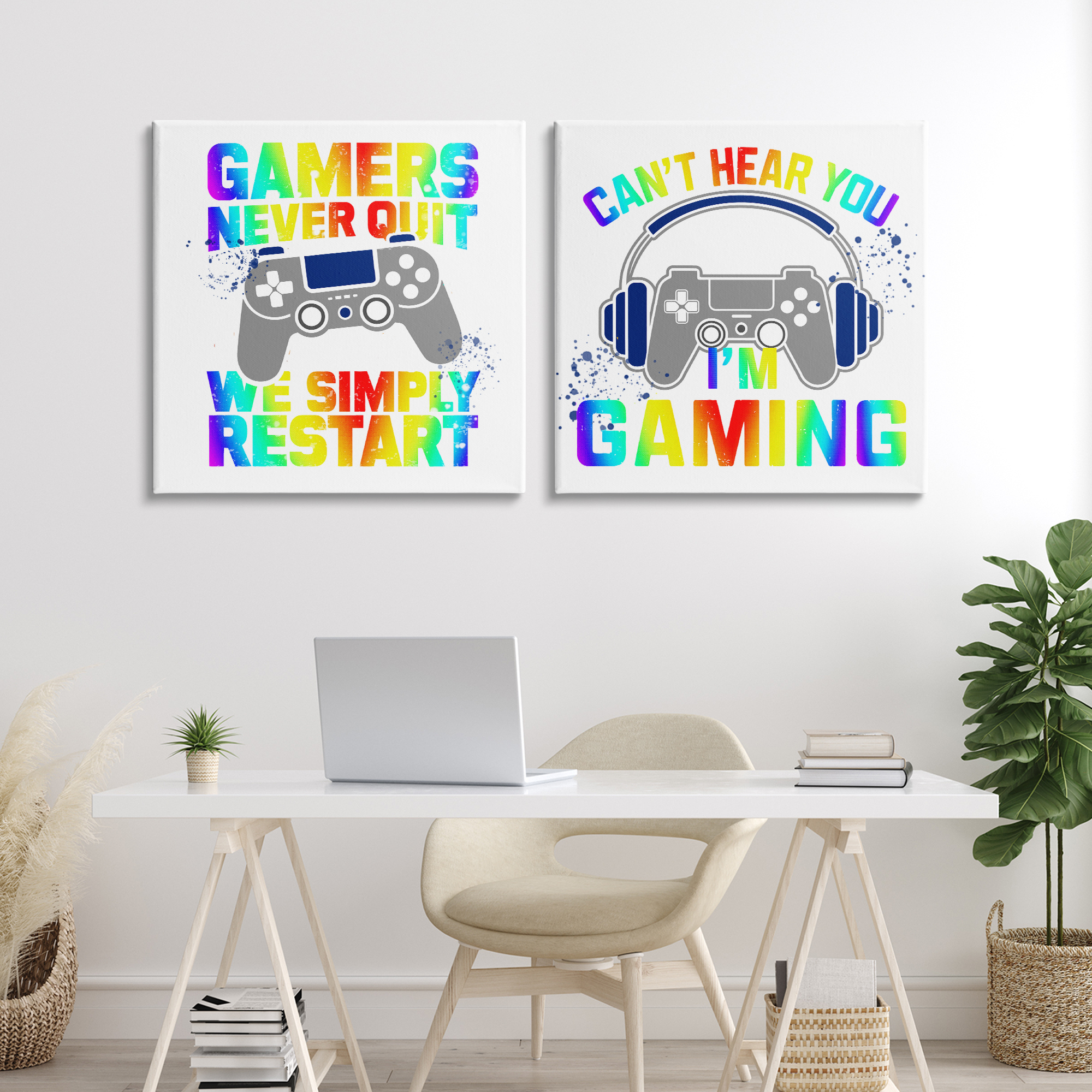 Rainbow Retro Gaming Phrases 2 Piece Canvas Wall Art Set, design by Kim Allen