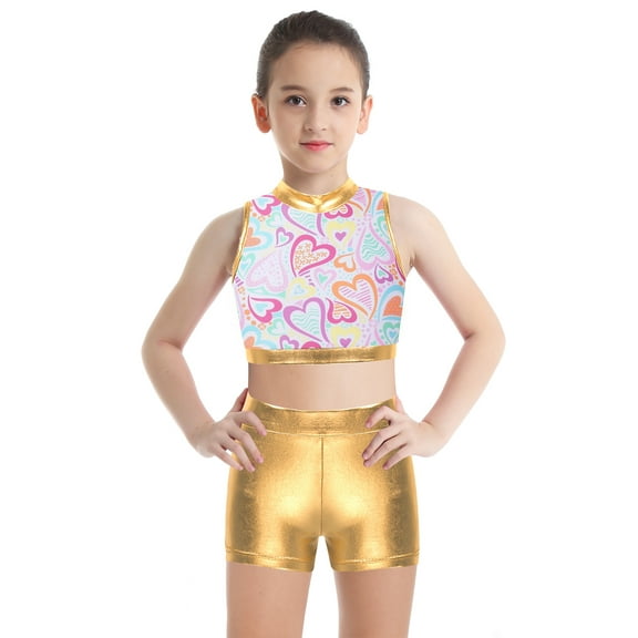 DPOIS Girls Kids Jazz Hip Hop Dancewear Shiny Sequins Crop Top Shorts Set Yellow 8