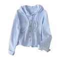 thumbnail image 4 of Ohufall Women's Striped Hooded Sun Shirt, Drawstring Hood Button Front Seersucker Long Sleeve Cover Up Jacket, 4 of 7