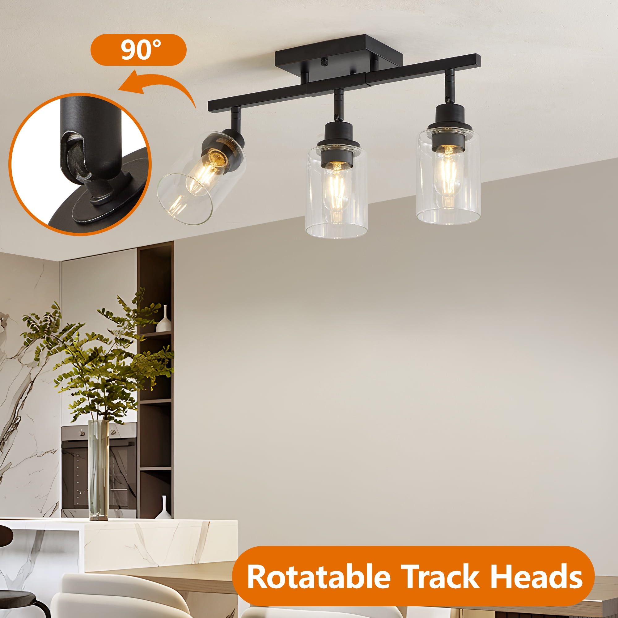 3-Light Semi Flush Mount Ceiling Light, Adjustable Black Track Lighting with Clear Glass Shades for Kitchen Hallway Foyer Bedroom (Bulbs Not Included)
