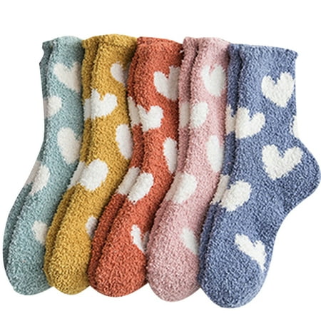 

5 Pair Women Crew Socks Creative Heart Sleeping Socks Slipper Socks for Winter