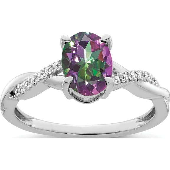 14K White Gold Oval Mystic Fire Topaz And Diamond Ringsize 7 (Width 1.75 To 3.3) - Jbsp