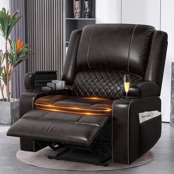 LOBERFVE Recliner for Adults, Oversize Manual Reclining Chairs with 2-Tier Cushions, Faux Leather Recliner Chairs with Hidden Storage Space, Living Room Recliner Chairs with Cup Holders, Brown