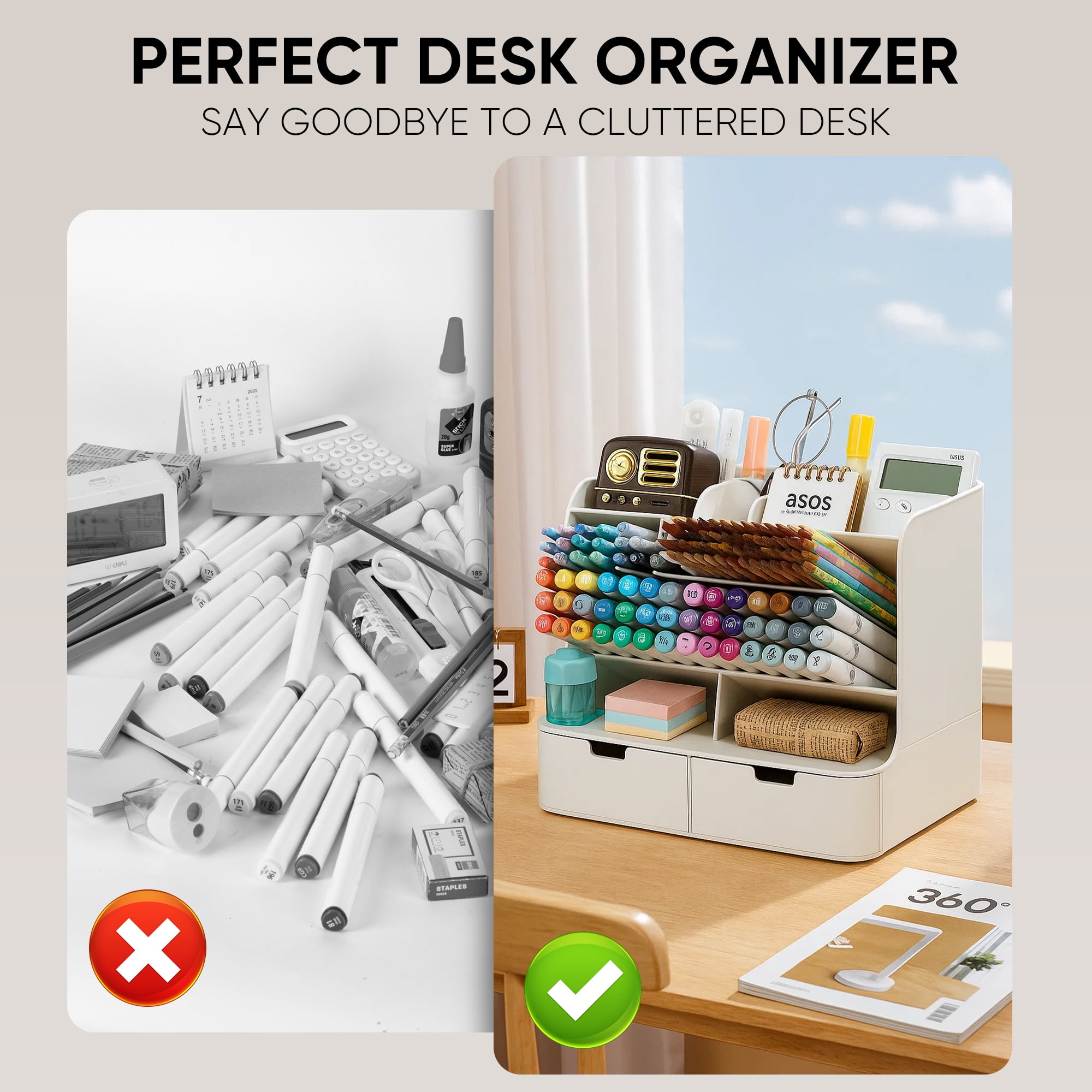 VUSIGN Tall Organizer Plastic Desk Organizer for Office,Pencil Holder Organizer for Home Desk Storage Organizer with Drawers