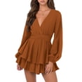 thumbnail image 1 of Vestido con cuello en V profundo Mangas de doble capa Dobladillo con volantes Corto Una pieza con cinturón XBTCLXEBCO marrón, Grande, 1 of 5