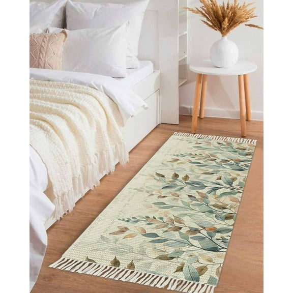 Green Brown Botanical Hallway Runner Rug 2x5ft,Farmhouse Eucalyptus Leaves Rustic Washable Woven Living Room Bedroom Kitchen Bathroom Carpet with Tassels,Indoor Outdoor Throw Door Mat for Entryway