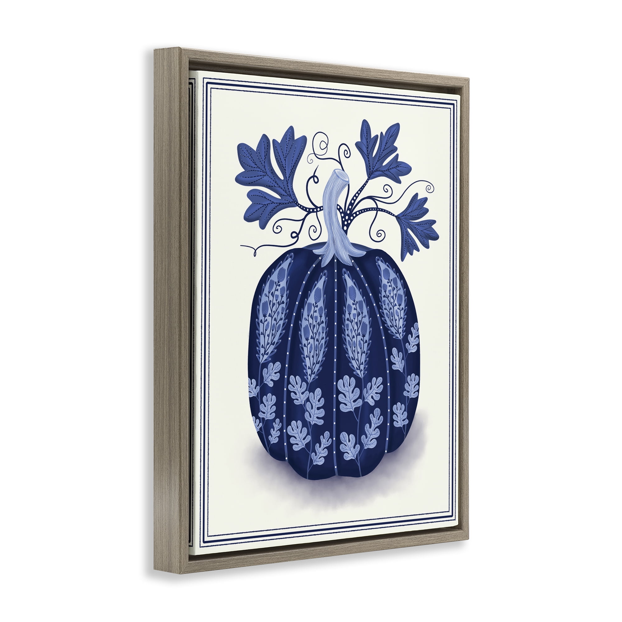 Stupell Industries Folk Pattern Fall Pumpkin Plants & Flowers Painting Brown Floater Framed Canvas Art Print Wall Art, 17 x 21
