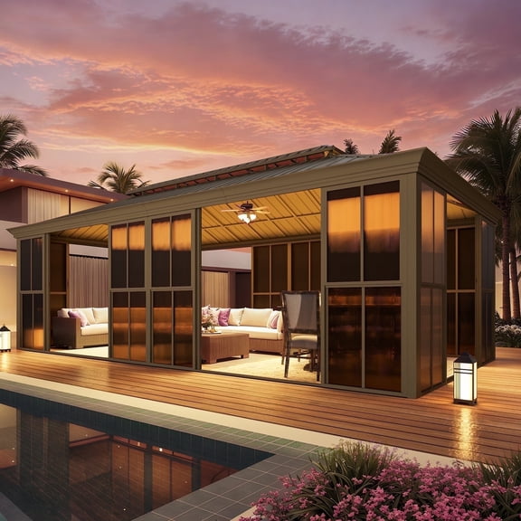 EROMMY 12' X 24' Sunroom, Hardtop Gazebo Solarium with Detachable Windows & Light Galvanized Steel Double Roof, for Patio Deck Backyard