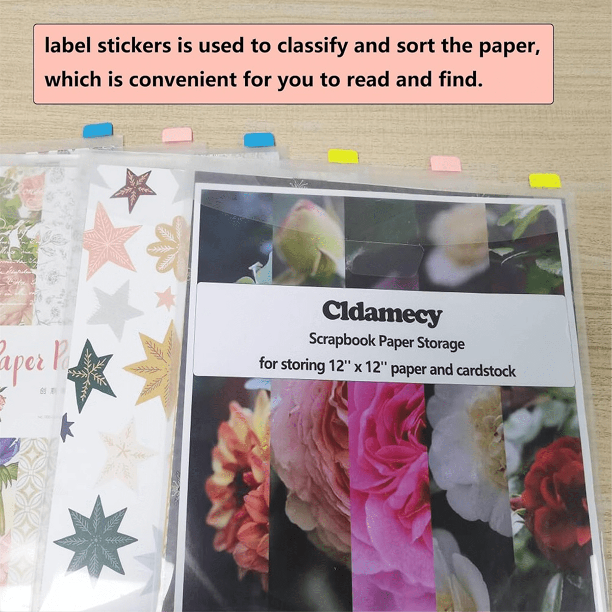32pcs Transparent Scrapbook Organizer Envelopes Storage Pockets Sleeves for Storing 12x12inch with 60 Pcs Label Stickers