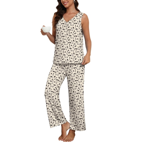 MINTREUS Womens Pajama Set V-Neck Sleeveless Lounge Set with Tank Top and Pants 2-Piece Sleepwear Set