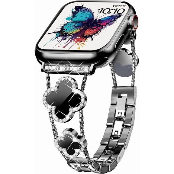 QIANJIA Floral Charm Metal Smart Watch Band for 38-49mm Smartwatches, Adjustable Stainless Steel Bracelet Strap for Women, Compatible with Series 10/9/8/7/6/5/4/3/2/1/SE