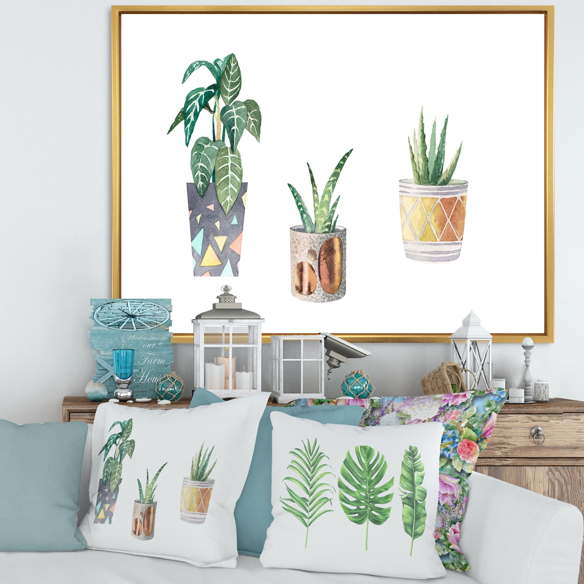 Designart 'Three Potted Houseplants On White' Traditional Framed Canvas Wall Art Print