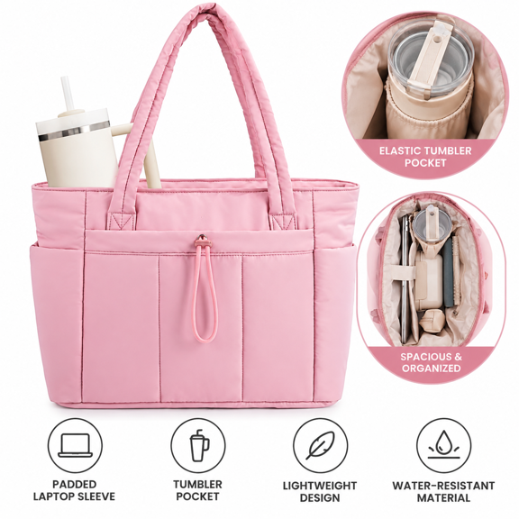 Puffy Shoulder Tote Bag Lightweight Quilted, 20L Laptop Handbag with Tumbler Holder for Women Work Travel Gym
