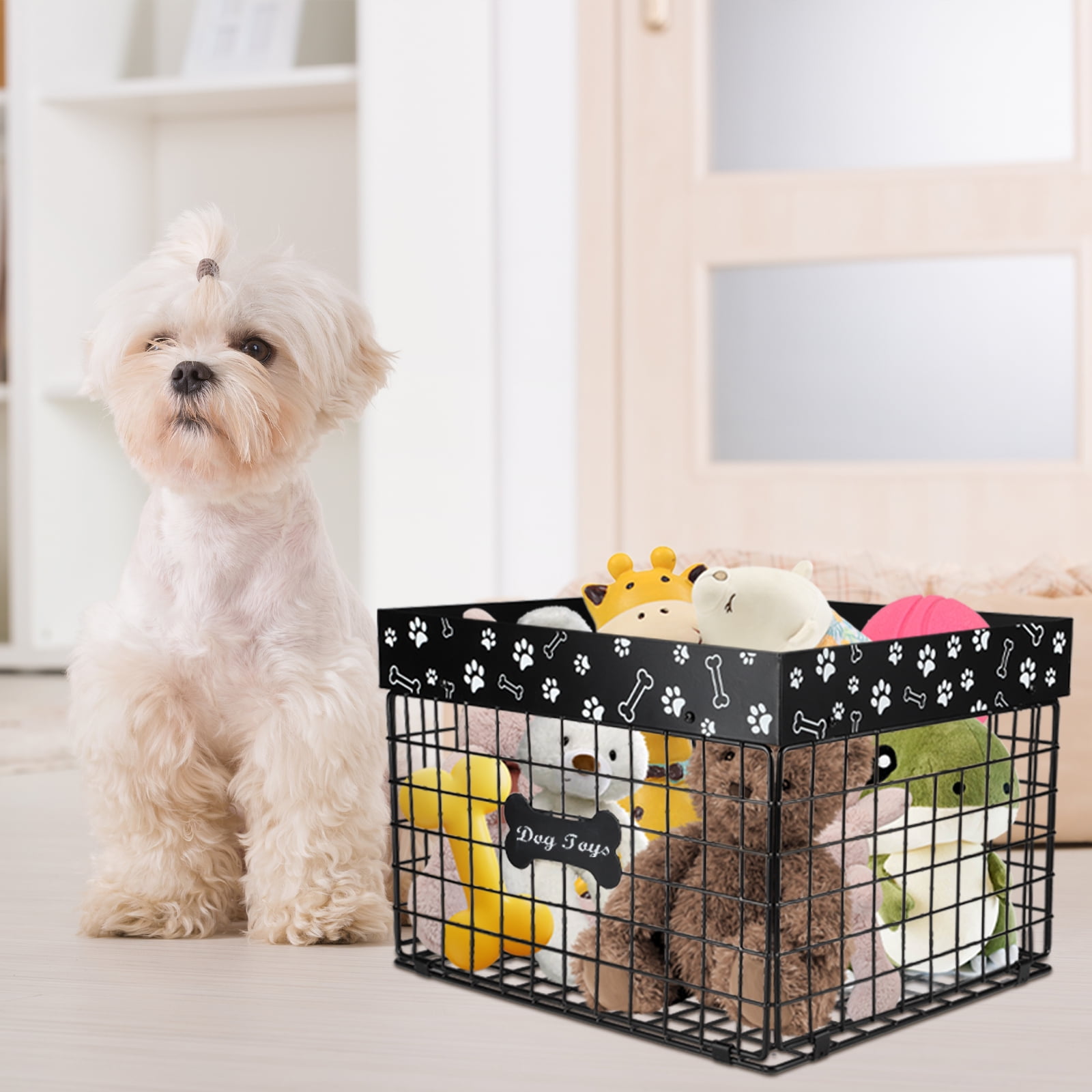 Brabtod Chew-Proof Dog Toy Organizer, Large Metal Wire Folding Storage Basket, Pet Toy Box with Durable Construction - Black