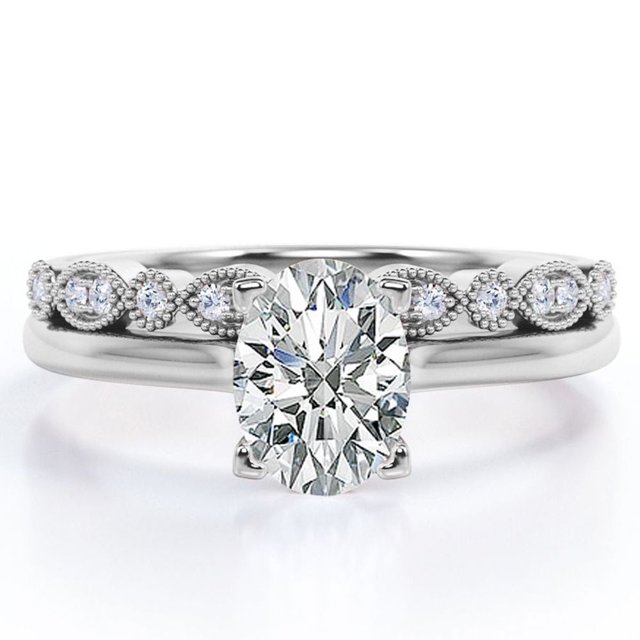 JeenMata Anillo Nupcial con Filigrana Decorativa Milgrain de 1,75 Quilates con Engaste en Punta Ovalada en Baño de Oro Blanco de 18 K sobre Plata (Personaliza la Banda de Tu Anillo de Bodas)