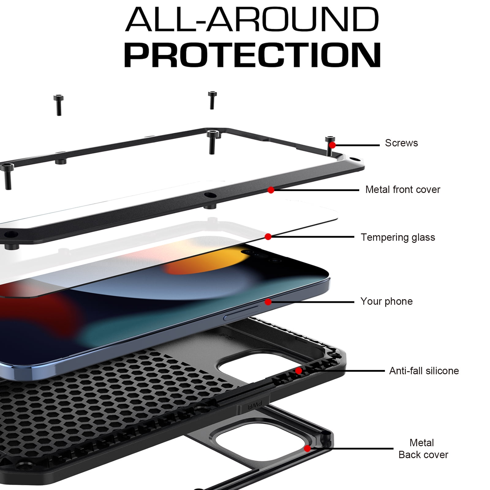 for iPhone 15 Case, 360 Full Body Protective Cover Heavy Duty Shockproof Armor Aluminum Alloy Metal Case with Silicone Built-in Screen Protector for iPhone 15, Black