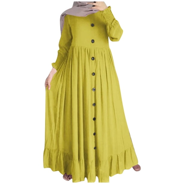 Vestido largo de algodón y lino para tallas grandes, estilo musulmán - Vestido informal retro con cuello redondo y volantes en el bajo