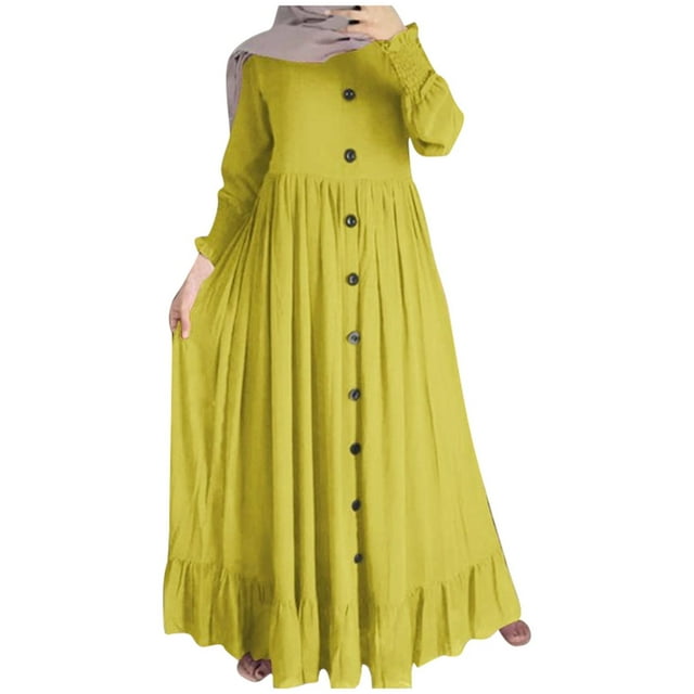 Kcodviy Nouvelle Robe Saisonnière Musulmane en Lin pour Femme Rétro Décontractée Robe Maxi Robe de Bureau avec Poches Ample Col Rond à Volants Robes Maxi pour Femmes pour l'Été Ourlet Robe pour Grande Taille Robe Confortable Si