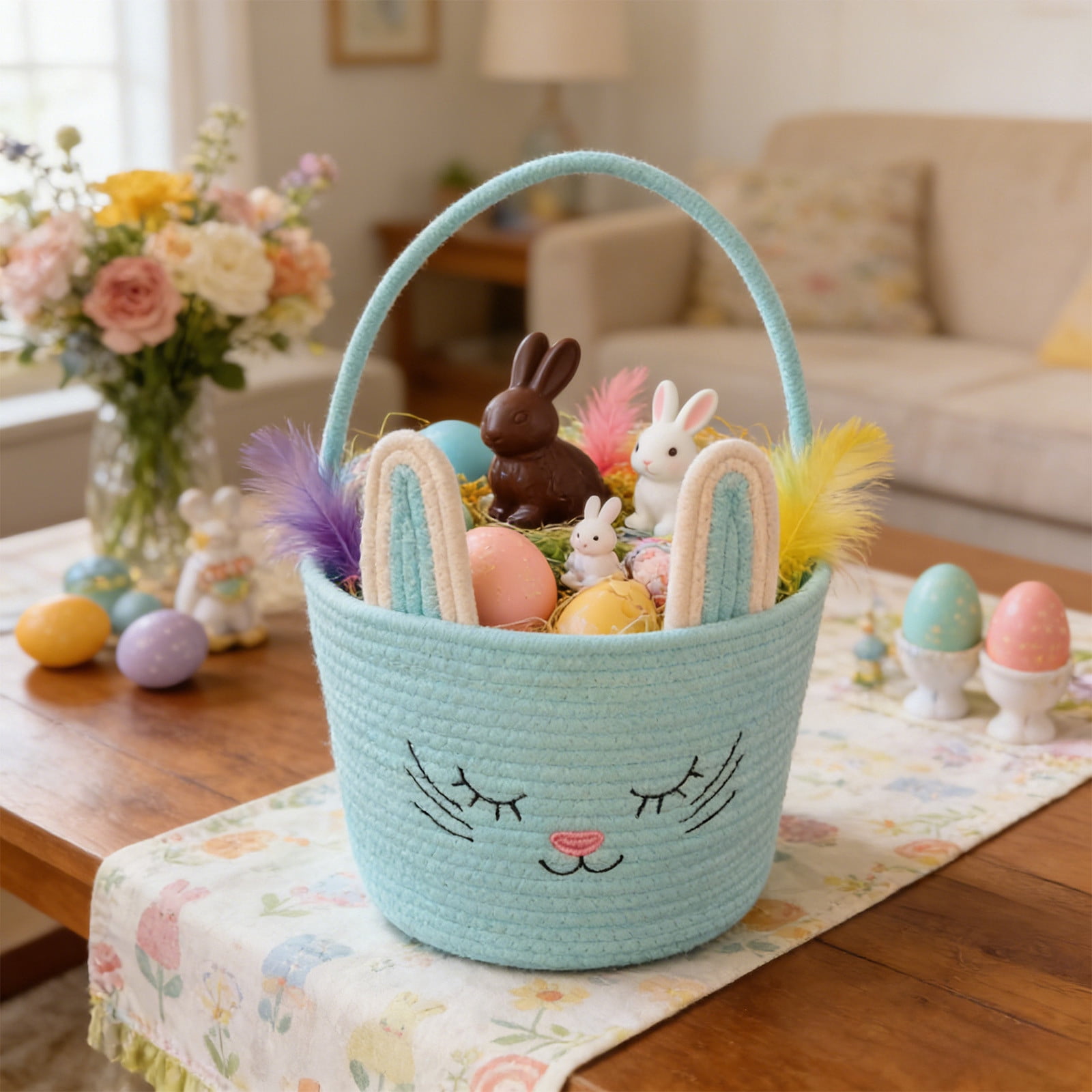 Lunxisen 1 Pcs Easter Storage Basket Hand-woven Rabbit Holiday Decorative Organizer Home Decor Baskets