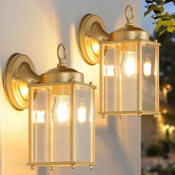 Farol de pared para exteriores MATAMEYE, cristal transparente dorado, 25 x 25 x 25 cm, 120 V
