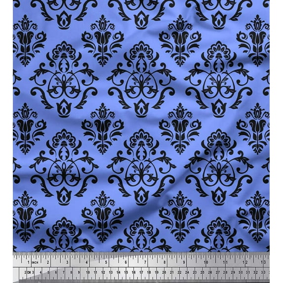 Soimoi Blue Rayon Fabric Flourish Damask Print Fabric by Yard 42 Inch Wide
