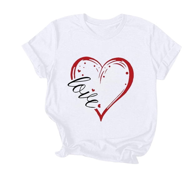 Camiseta de Manga Corta de Cuello Redondo Impresa para las Mujeres Día de San Valentín, Mezcla Ligera de Poliéster para Primavera Verano Otoño