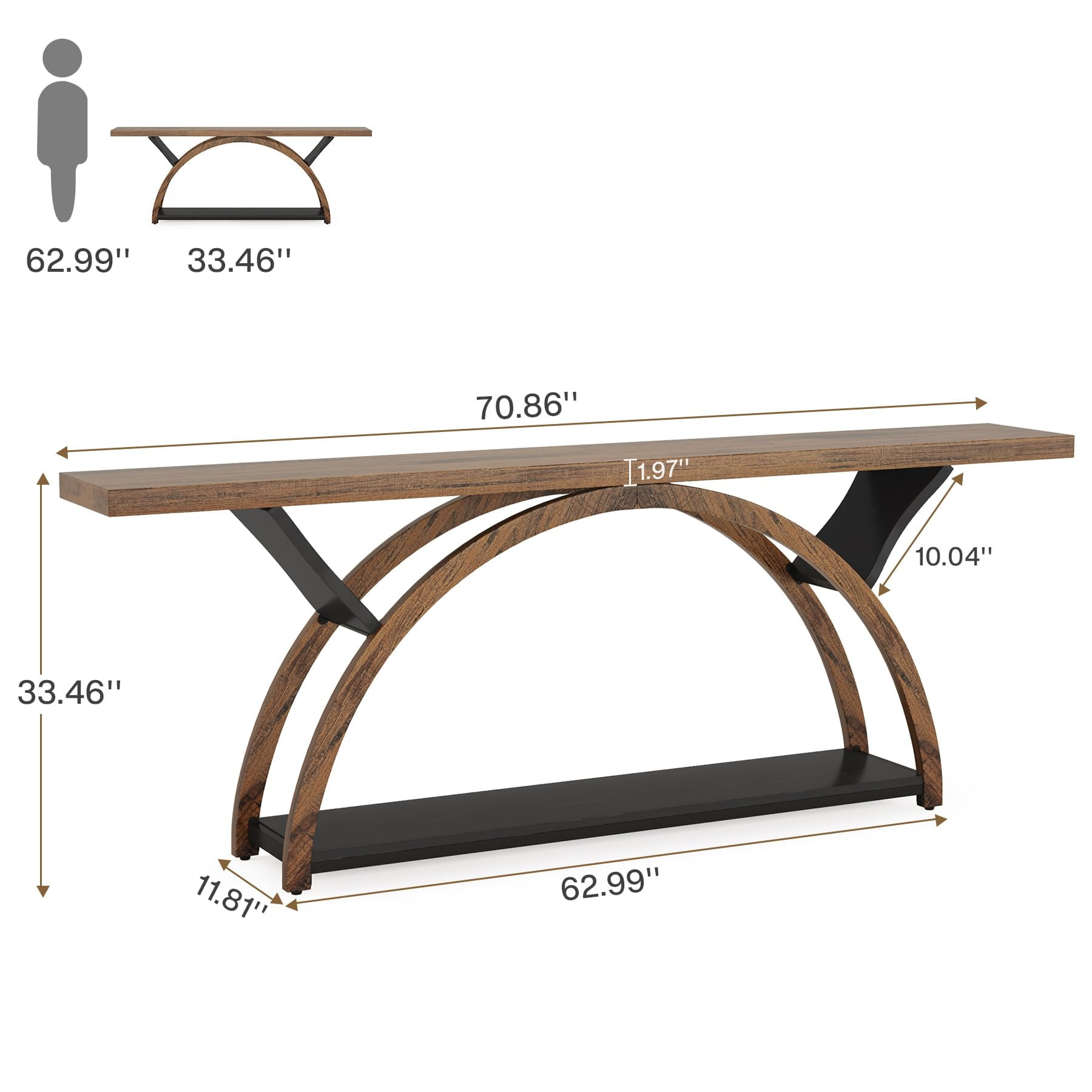 Tribesigns 70.87" Console Table with Storage Shelf, Extra Long Sofa Table Behind Couch Table, 2-Tier Entryway Table with Half Moon Frame for Hallway Living Room, Walnut & Black