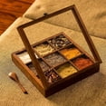 thumbnail image 1 of Wooden Table Top Masala Dabba Containers Jars & Kitchen Spice Box with Spoon Masala Box For Kitchen (Sheesham Wood, Non Removable Partitions, Brown), 1 of 1