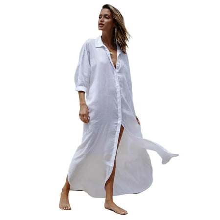 Lerpwige Womens Summer Bikini Cover Up Sheer Swimsuits Coverup Cotton Beach Dress Swimwear Long Sleeve Shirt Bathing Suit